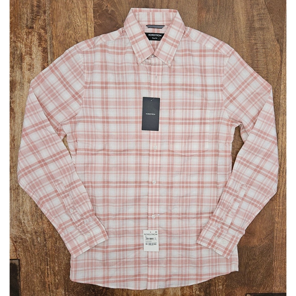 Nordstrom Dress Shirt Mens Small Pink Classic Plaid Trim Fit Long Sleeve